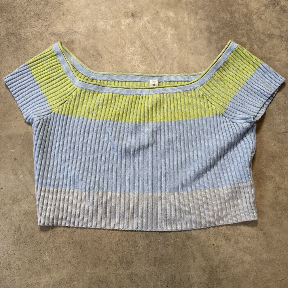 Daily Practice Anthropologie Knit Top Womens Medium Blue Gray Lime Cropped